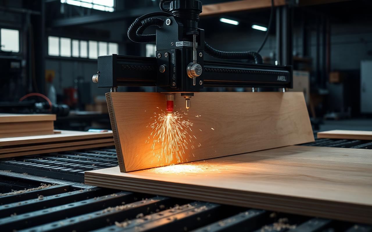 Máquina CNC industrial cortando painel de madeira de alta precisão