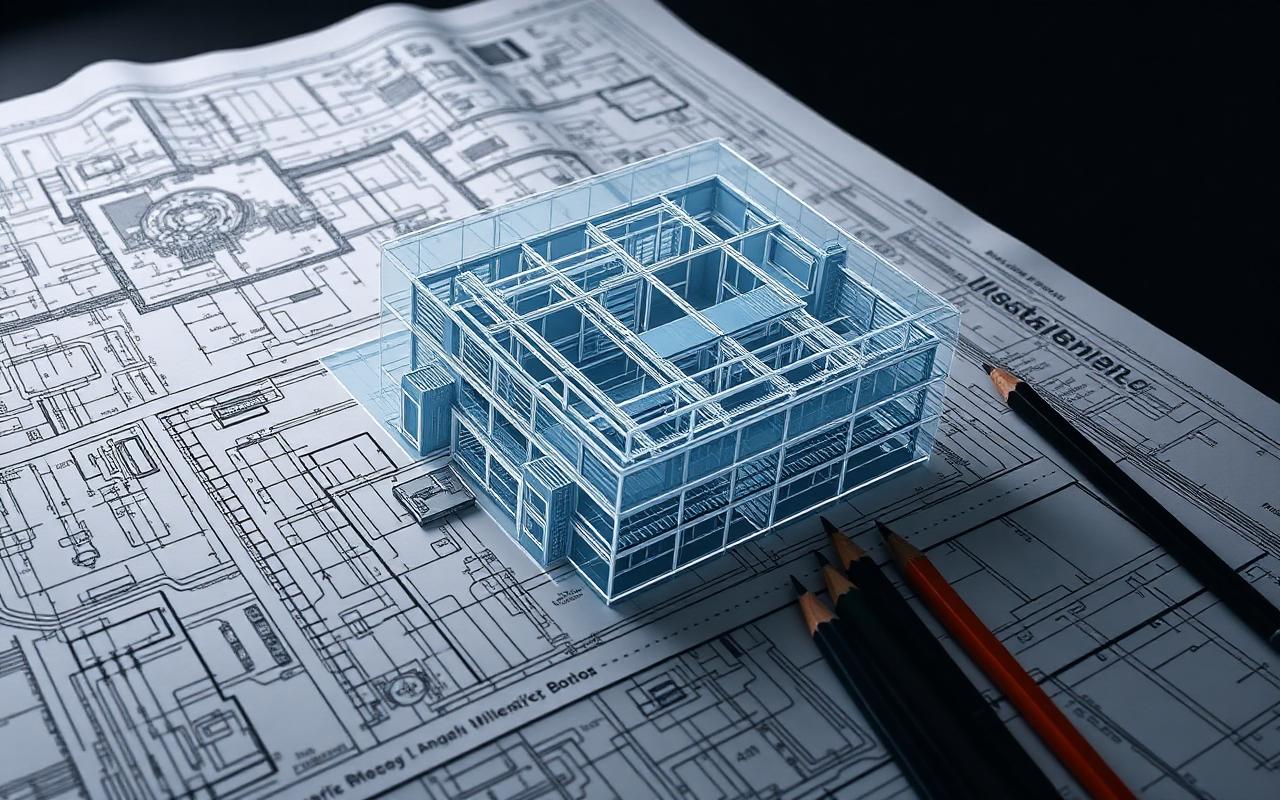 Plantas arquitetônicas sobrepostas com modelo BIM 3D para compatibilização de projeto