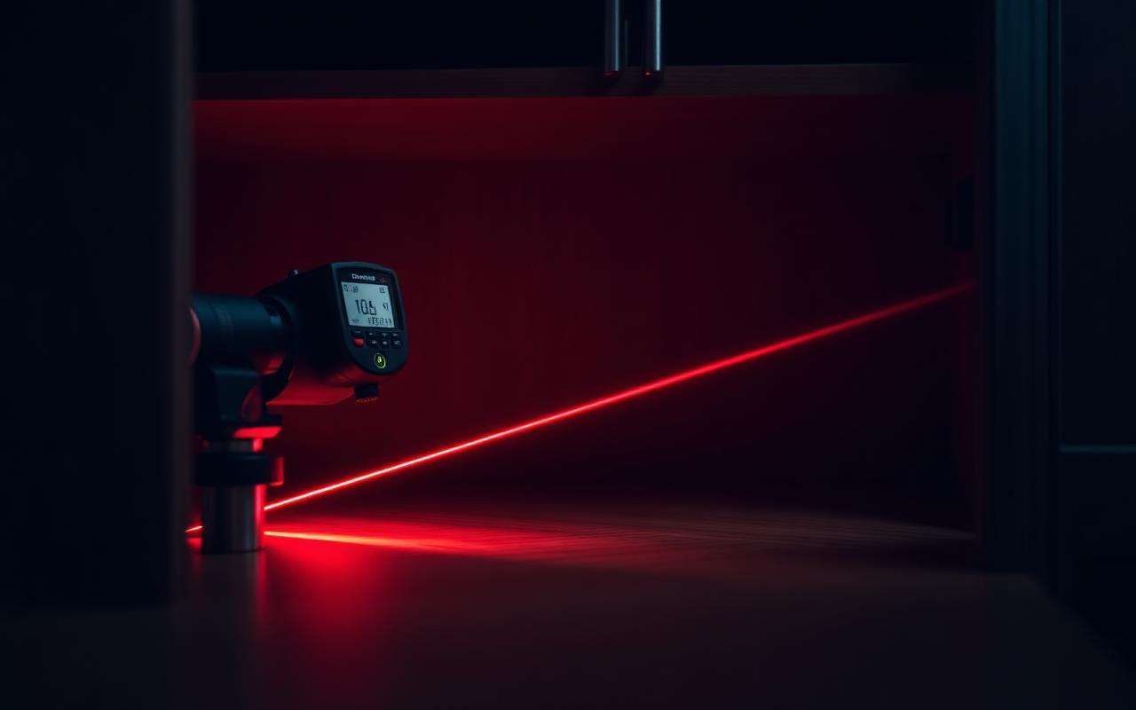 Medidor a laser projetando linhas em interior de marcenaria de alto padrão